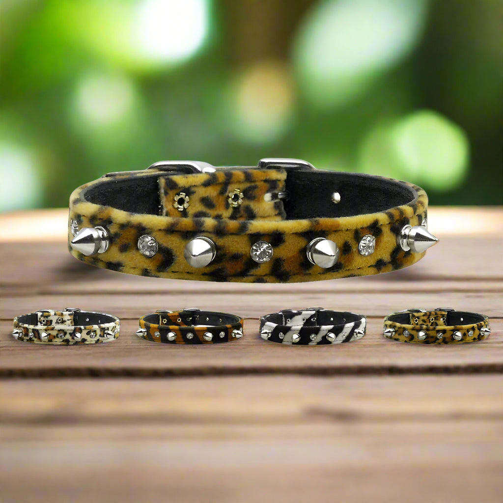 Animal Print Crystal and Spike Dog Collars - Dog Collars