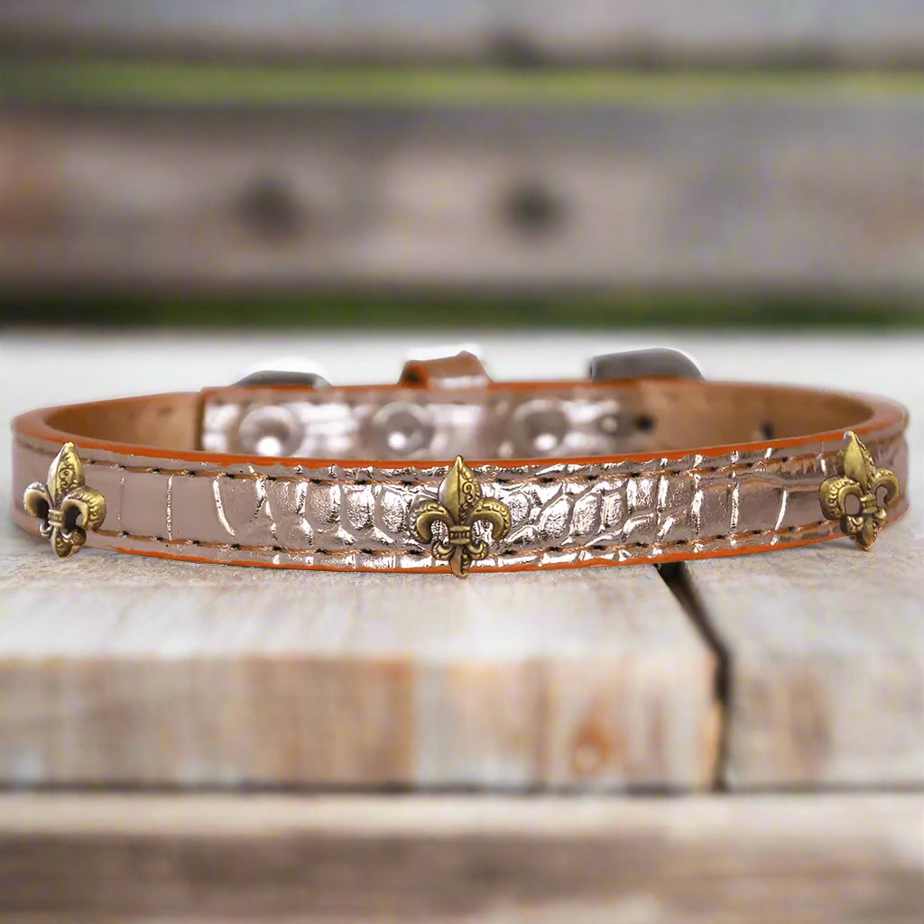 Bronze Fleur De Lis Widget Croc Dog Collar - Dog Collars