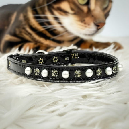 Cat Safety Collar w/ Band Patent Pearl and Crystals - Cat