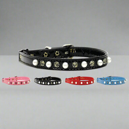 Cat Safety Collar w/ Band Patent Pearl and Crystals - Cat