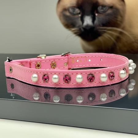 Cat Safety Collar w/ Band Patent Pearl and Crystals - Cat