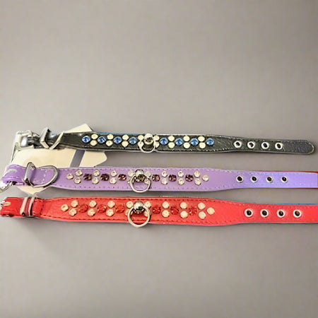 Patent Leather Alternating Crystal Dog Collar - Fits 6-8”