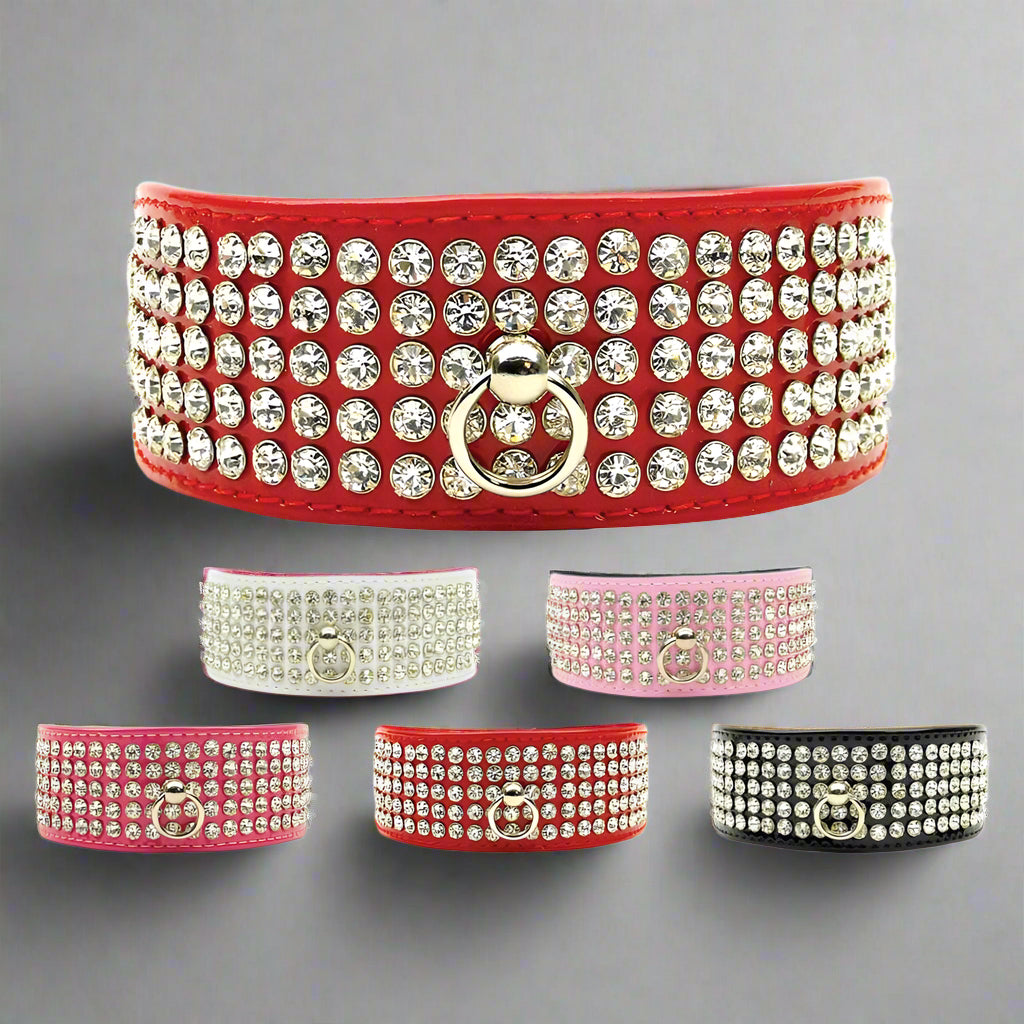 Patent Leather Five Row Jewel Dog Collar - Dog Collars