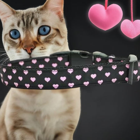 Pink And Black Dotty Hearts Nylon Cat Collar - Cat Collars
