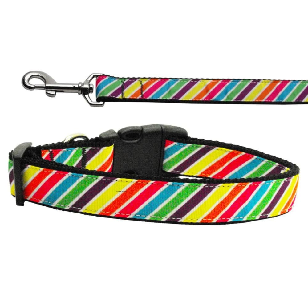 Striped Rainbow Nylon Dog Collar & Leash - Dog Collars