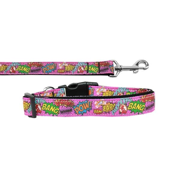 Superhero Sound Effects Pink Nylon Dog Collar & Leash - Dog